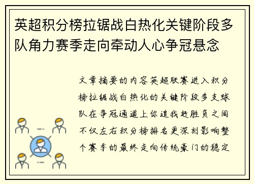 英超积分榜拉锯战白热化关键阶段多队角力赛季走向牵动人心争冠悬念 英超积分榜拉锯战白热化关键阶段多队角力赛季走向牵动人心争冠悬念
