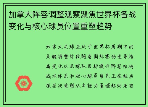 加拿大阵容调整观察聚焦世界杯备战变化与核心球员位置重塑趋势